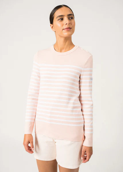 Pull en coton Avignon Saint James Rayé - Poudre/Blanc
